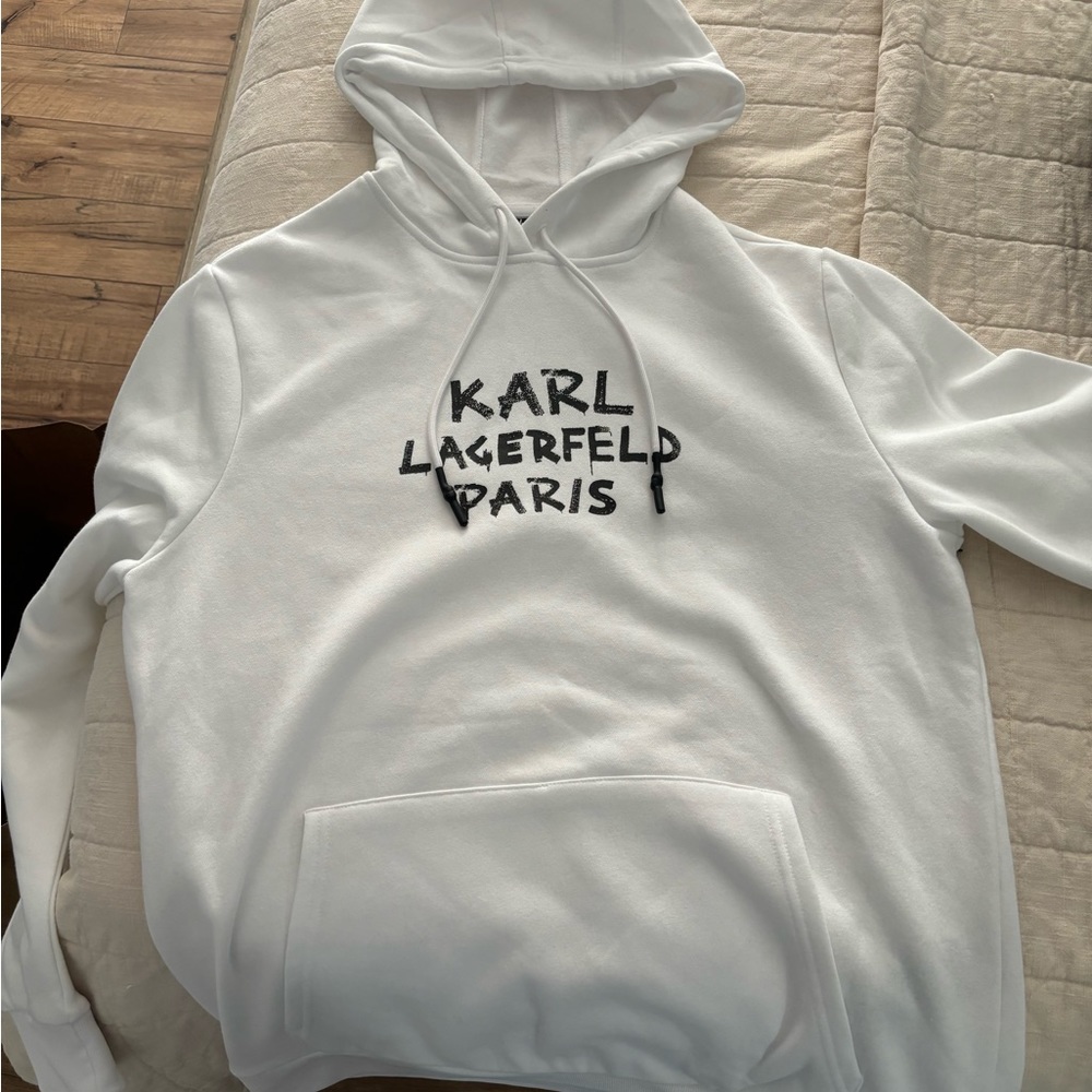 White hoodie, car Karl Lagerfeld brand new with tags writing in black